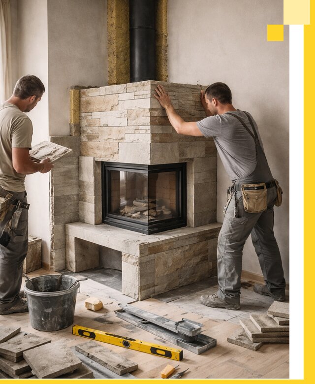 Угловые камины под ключ проект, монтаж и отделка в Междуреченске